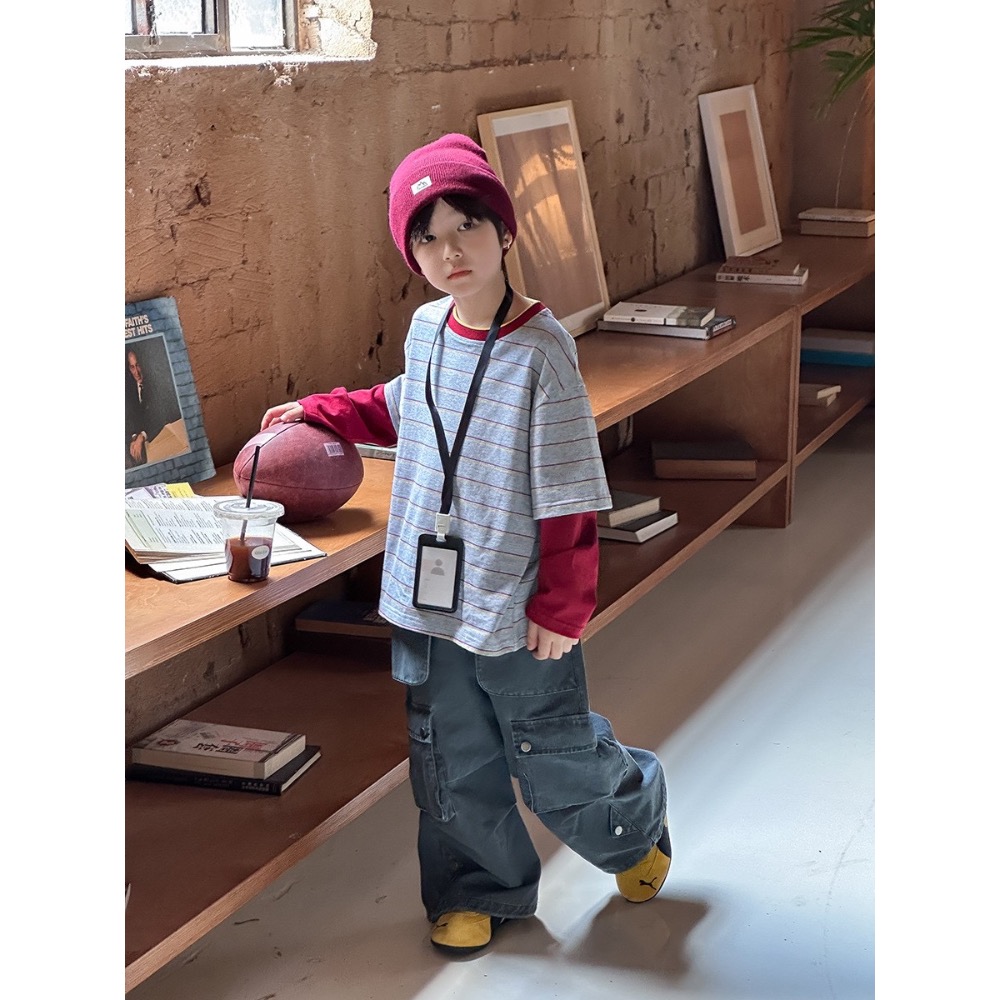 Ambb.kids 春秋兒童撞色拼接袖條紋長袖T恤-細節圖7