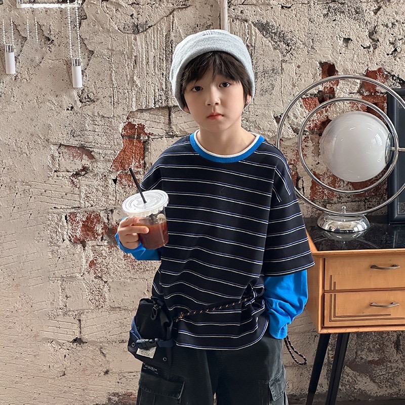 Ambb.kids 春秋兒童撞色拼接袖條紋長袖T恤-規格圖7