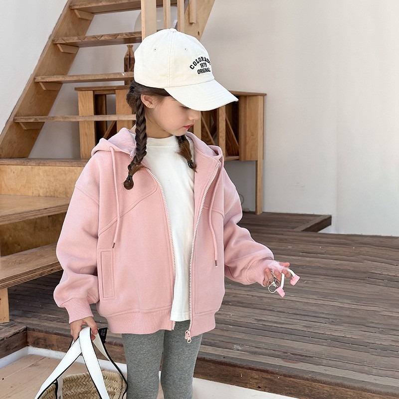 Ambb.kids 女童春季純色連帽拉鍊休閒外套-細節圖3