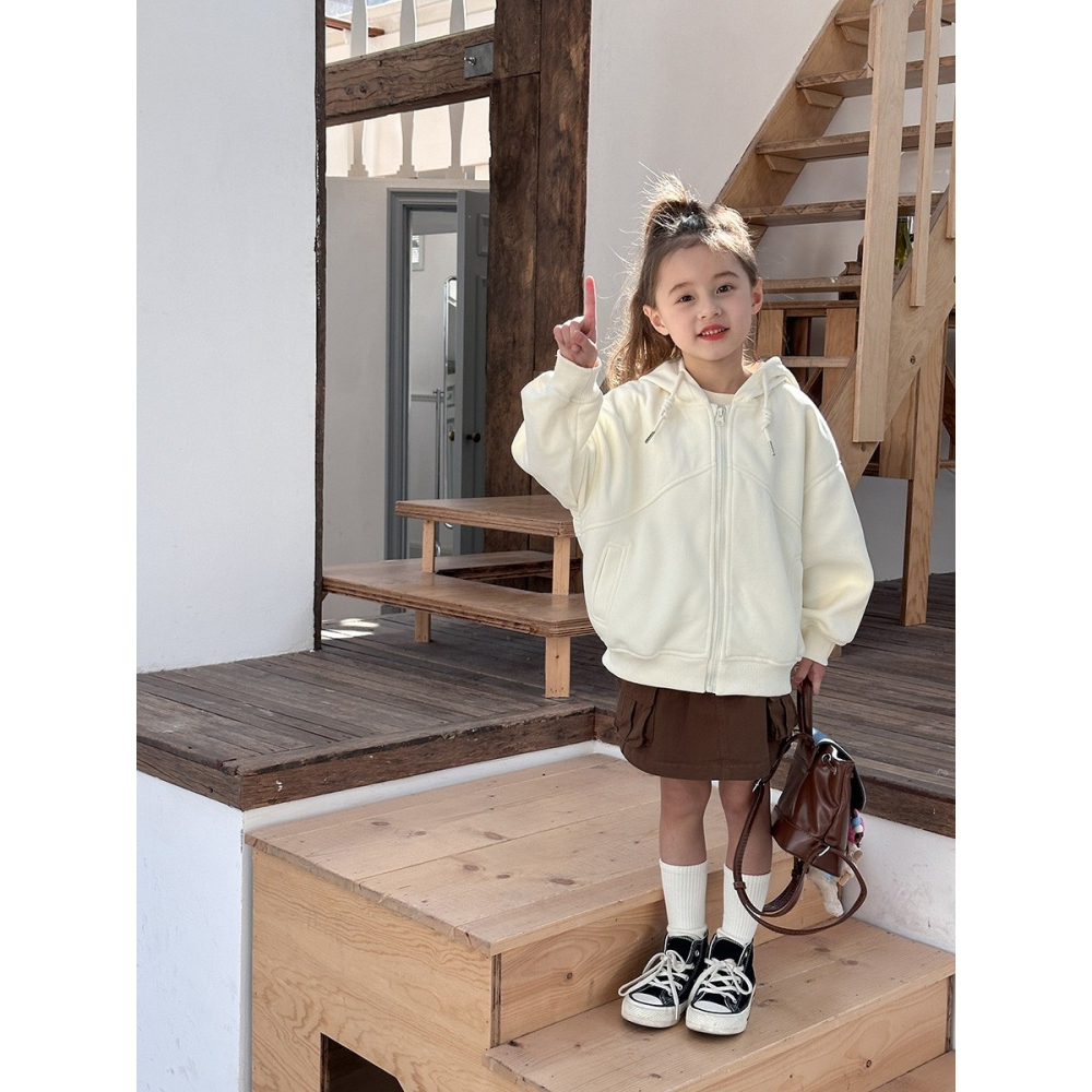 Ambb.kids 女童春季純色連帽拉鍊休閒外套-細節圖6