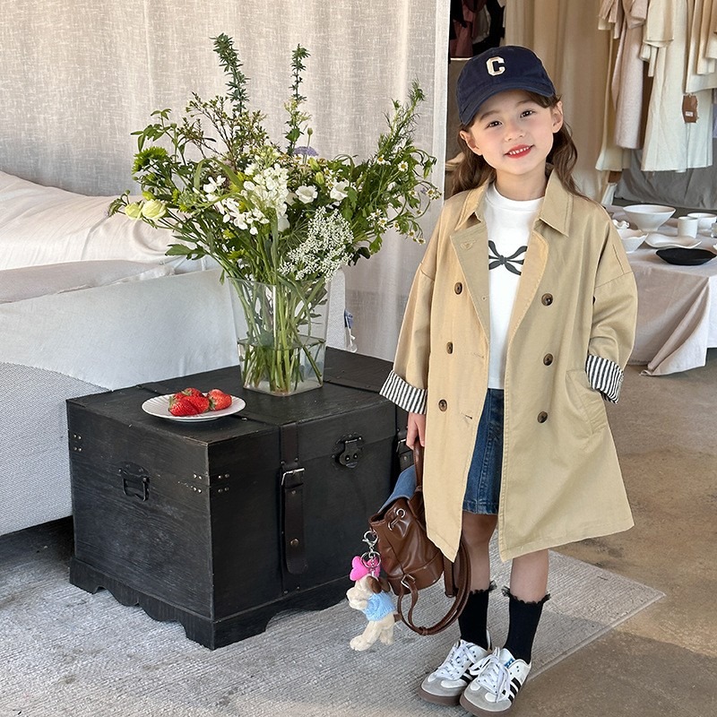 Ambb.kids 女童春季英倫風中長款風衣大衣外套-細節圖2