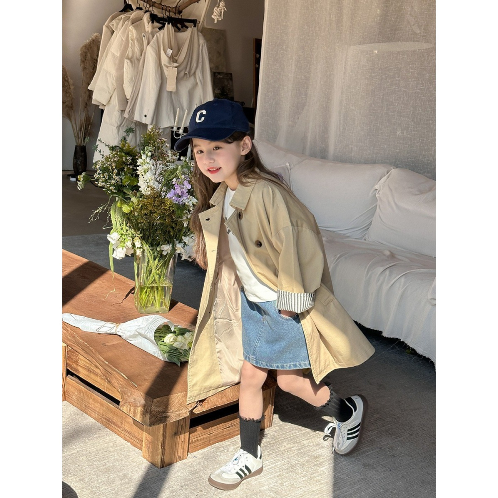 Ambb.kids 女童春季英倫風中長款風衣大衣外套-細節圖3