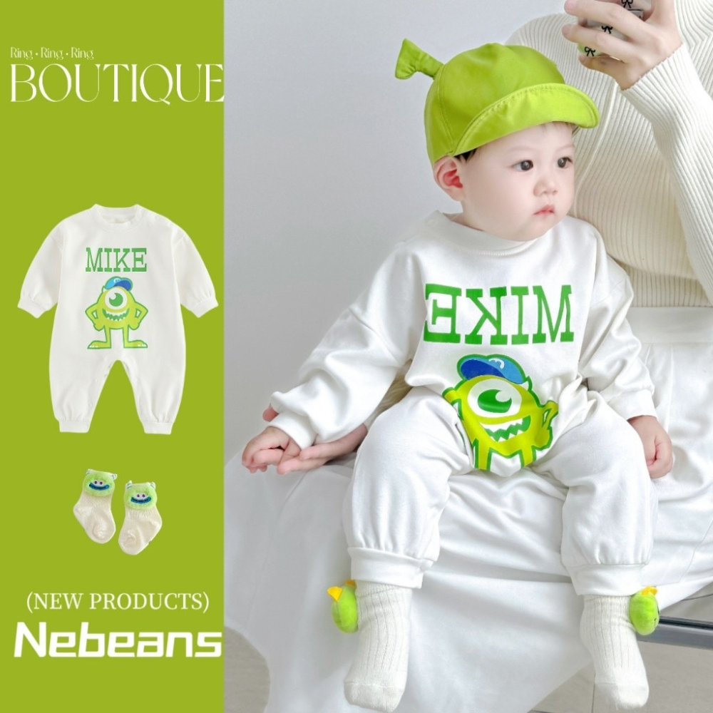 Nebeans寶寶春季大眼怪卡通長袖連體包屁衣-細節圖2