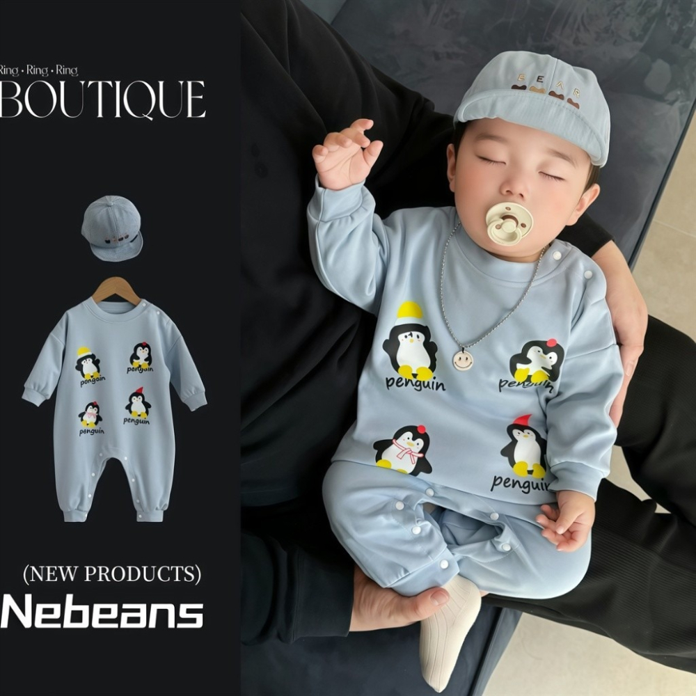 Nebeans寶寶春季小企鵝長袖連體包屁衣-細節圖2