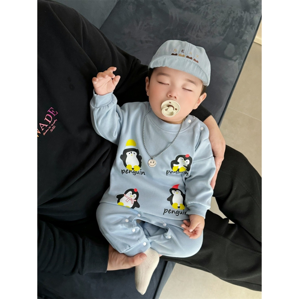Nebeans寶寶春季小企鵝長袖連體包屁衣-細節圖3