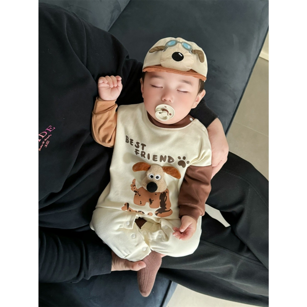 Nebeans寶寶寶春季韓系卡通小狗撞色連體包屁衣-細節圖2