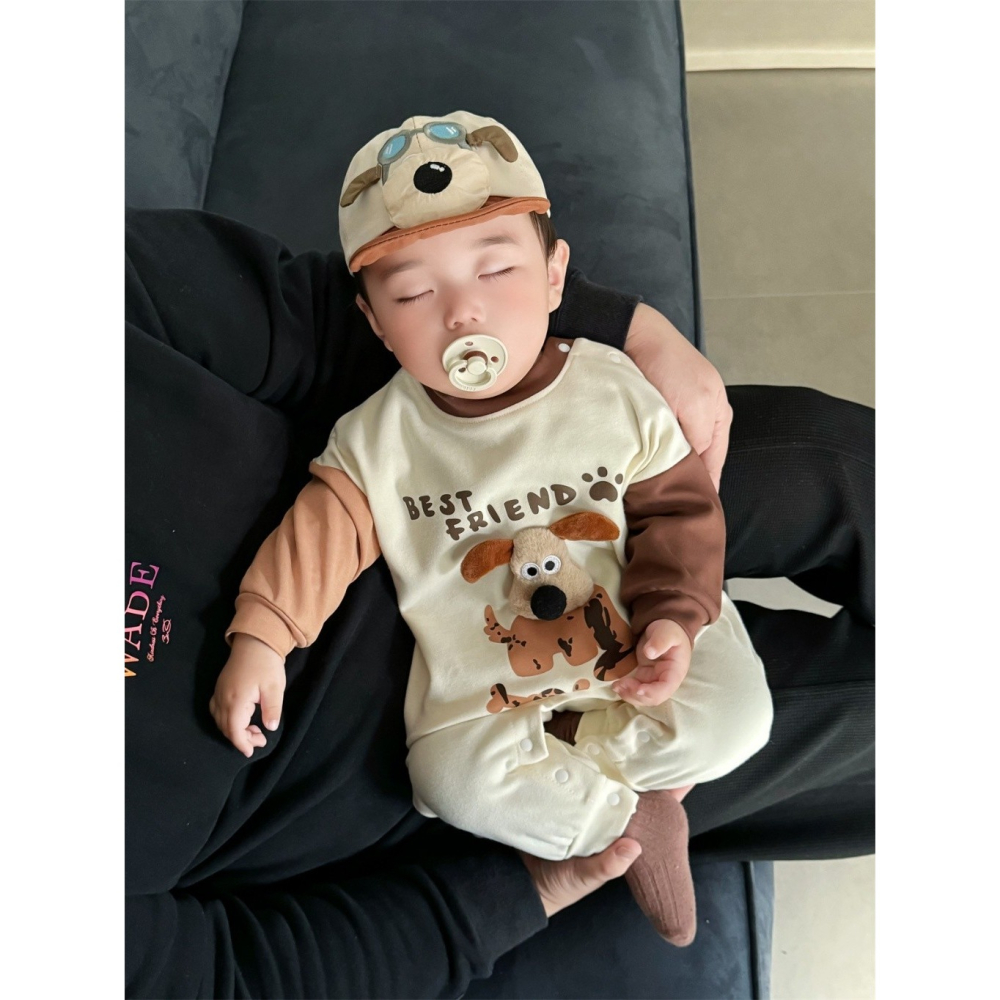 Nebeans寶寶寶春季韓系卡通小狗撞色連體包屁衣-細節圖3