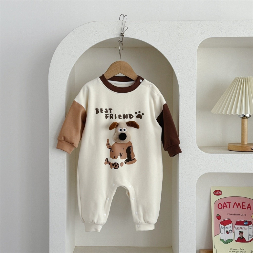 Nebeans寶寶寶春季韓系卡通小狗撞色連體包屁衣-細節圖4