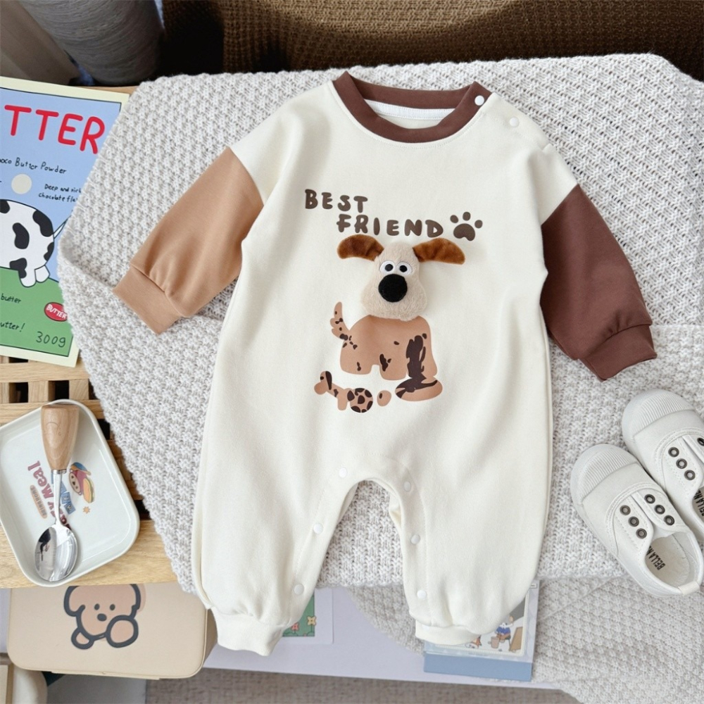 Nebeans寶寶寶春季韓系卡通小狗撞色連體包屁衣-細節圖5