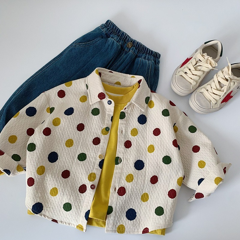 男童春季波點翻領長袖襯衫-細節圖3