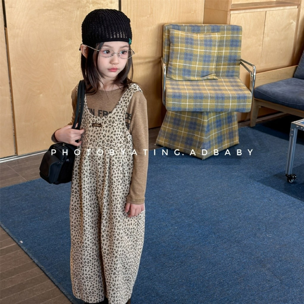 女童春季韓版純色豹紋連體吊帶長褲-細節圖3