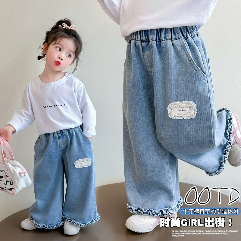 女童春季復古木耳邊闊腿牛仔長褲-規格圖5