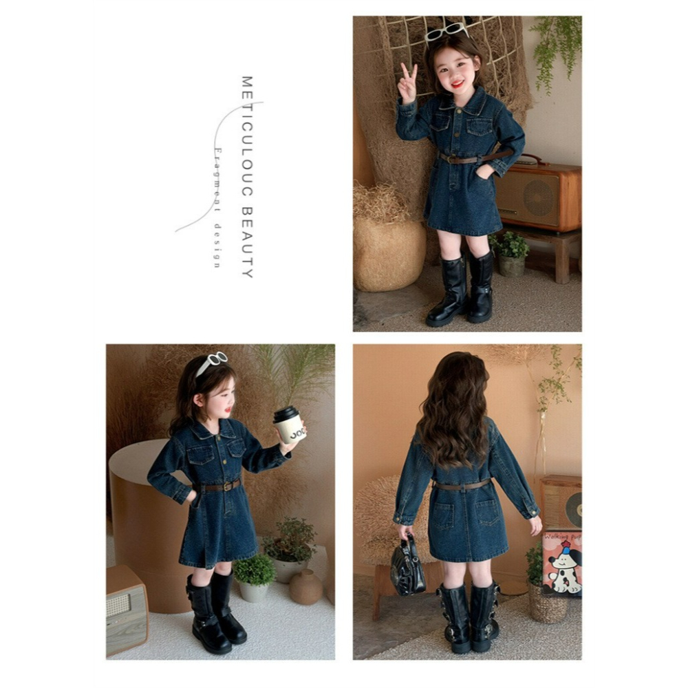 女童春季韓系復古長袖牛仔連衣裙-細節圖6