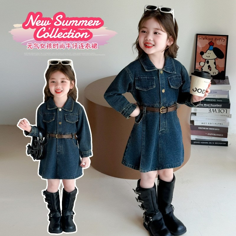 女童春季韓系復古長袖牛仔連衣裙-規格圖8