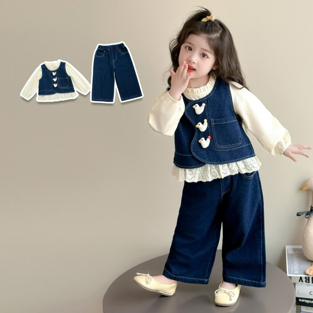 女童春季韓系小鴨牛仔三件套裝-細節圖2