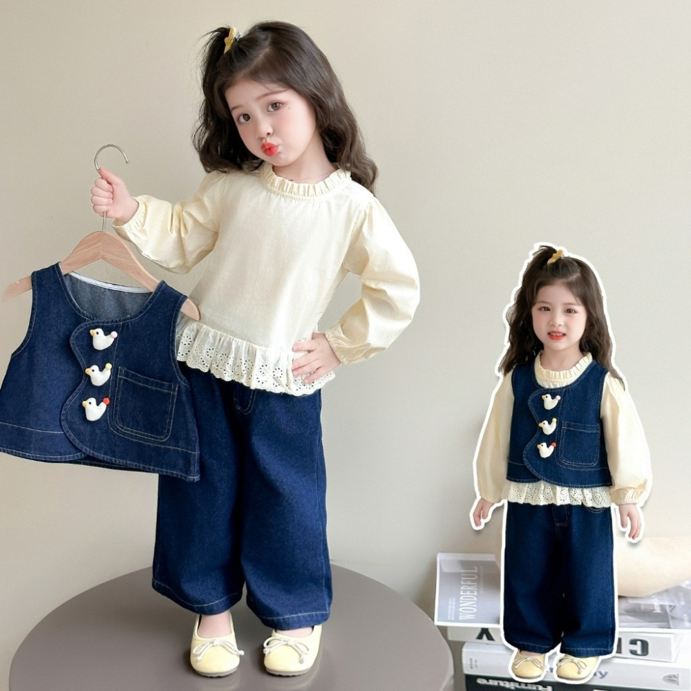 女童春季韓系小鴨牛仔三件套裝-細節圖4