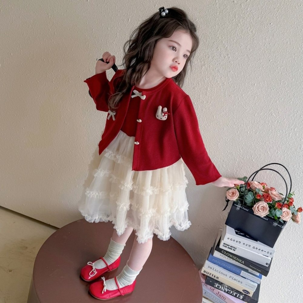 女童春季韓系紅色澎澎連衣裙+外套套裝-細節圖3