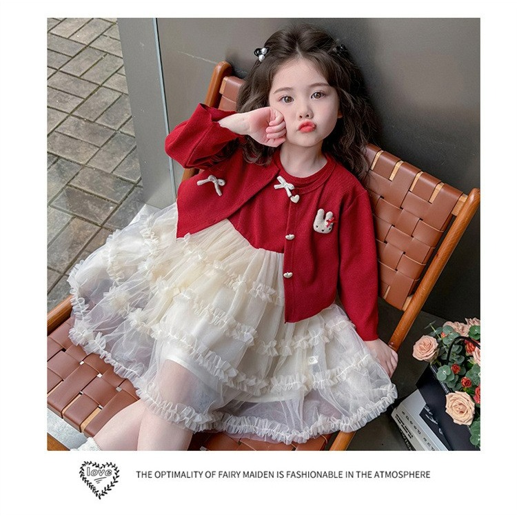 女童春季韓系紅色澎澎連衣裙+外套套裝-細節圖4