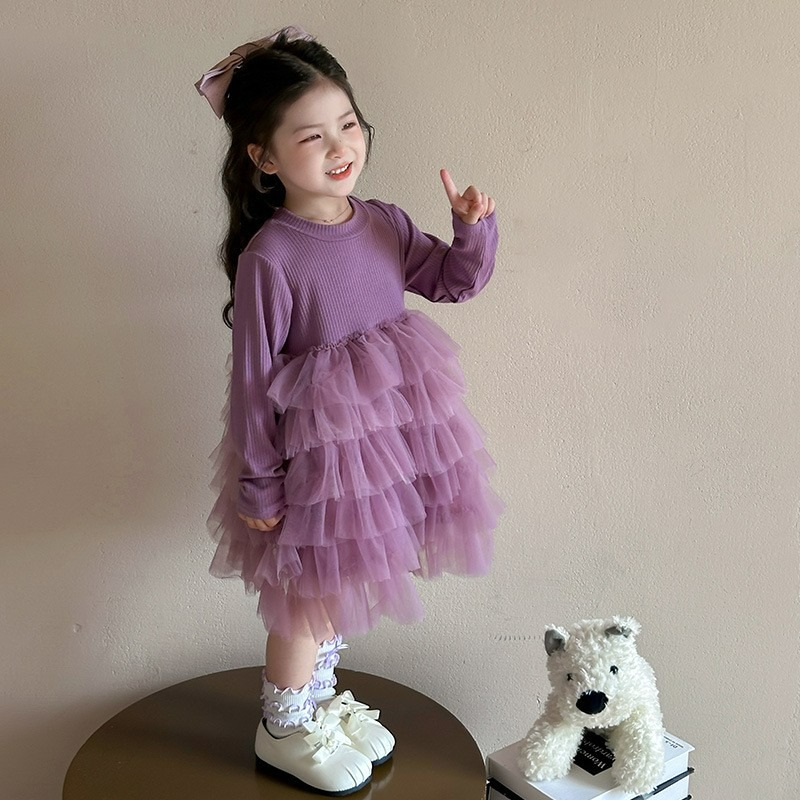 女童春季韓系紫色蝴蝶結網紗公主連衣裙-細節圖4