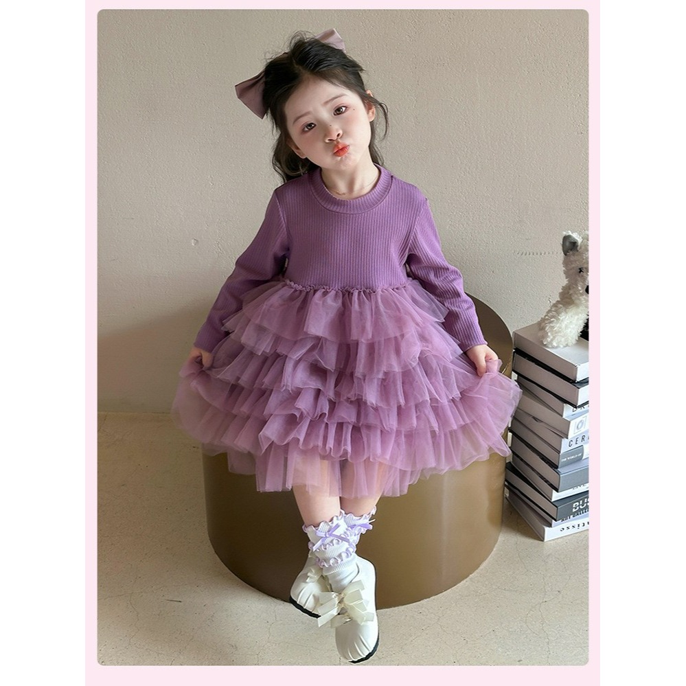 女童春季韓系紫色蝴蝶結網紗公主連衣裙-細節圖5