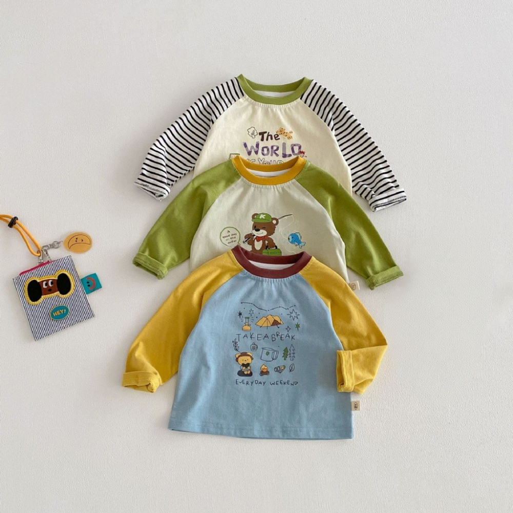 寶寶春季撞色卡通拼接塗鴉長袖打底衫-細節圖2