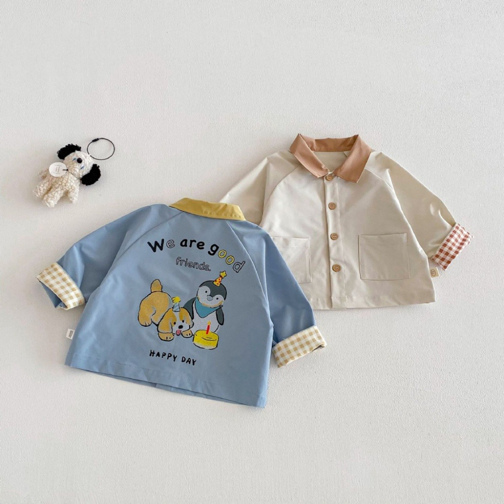 寶寶春季撞色翻領格紋卡通長袖外套-細節圖2