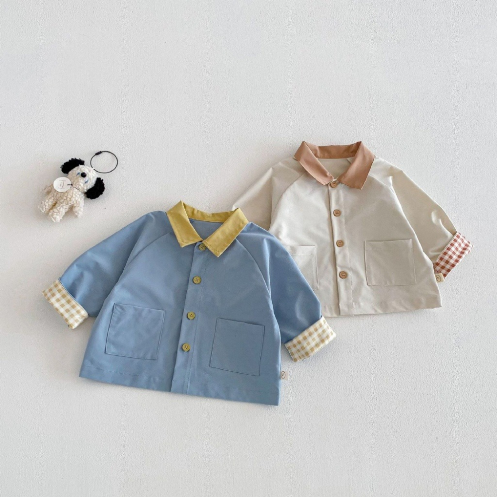寶寶春季撞色翻領格紋卡通長袖外套-細節圖3