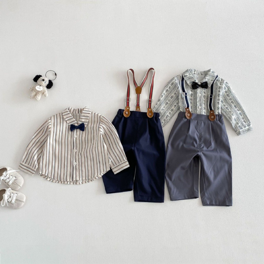 寶寶春季滿版領結條紋襯衫/吊帶褲-細節圖2