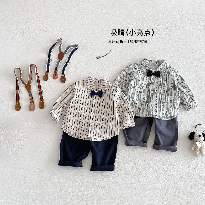 寶寶春季滿版領結條紋襯衫/吊帶褲-細節圖3