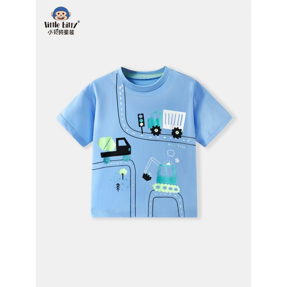 兒童夏季時尚歐美風短袖圓領T恤-卡通汽車(藍)-細節圖2