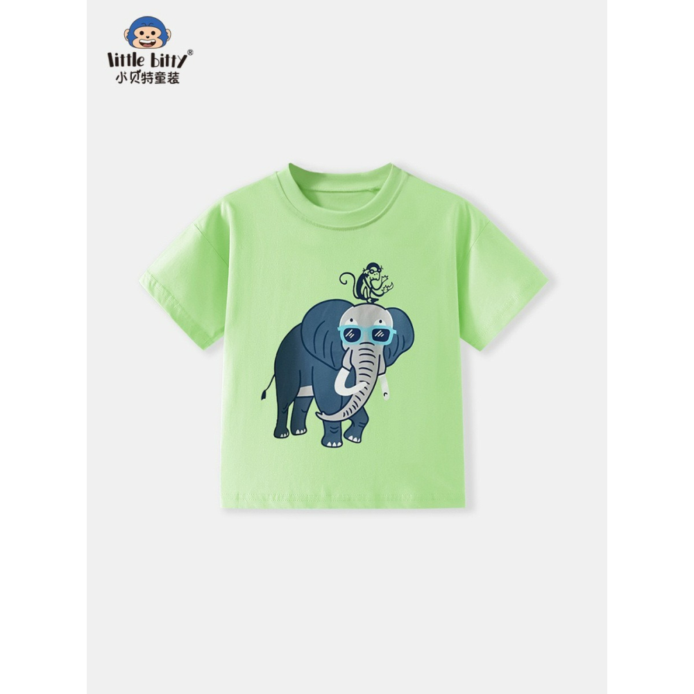兒童夏季時尚歐美風短袖圓領T恤-卡通大象(綠)-細節圖2