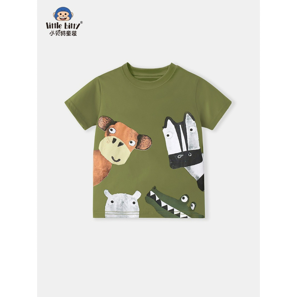 兒童夏季時尚歐美風短袖圓領T恤-卡通動物(軍綠)-細節圖2