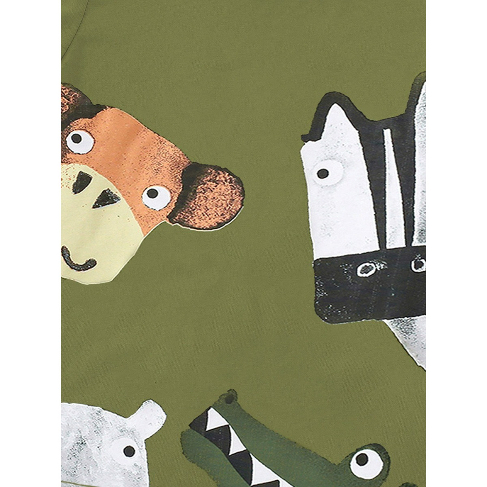 兒童夏季時尚歐美風短袖圓領T恤-卡通動物(軍綠)-細節圖3