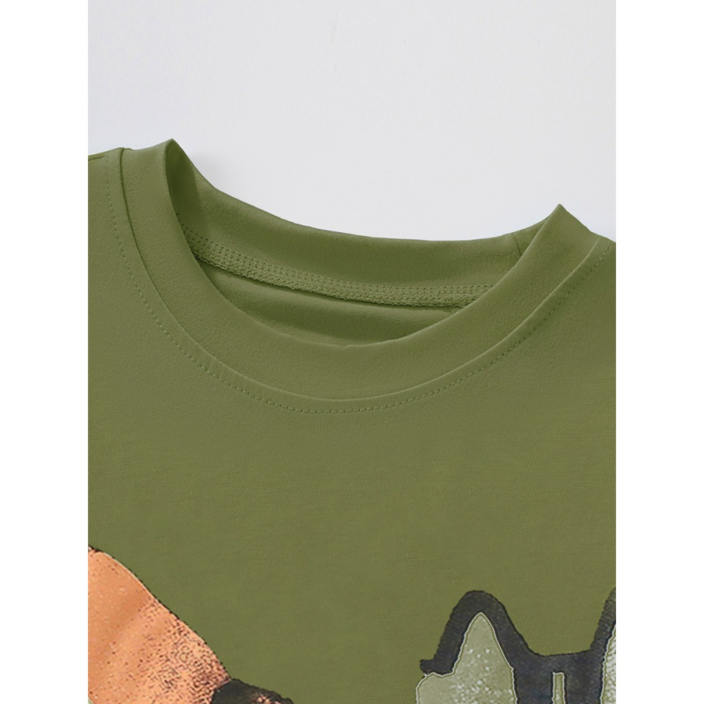 兒童夏季時尚歐美風短袖圓領T恤-卡通動物(軍綠)-細節圖4