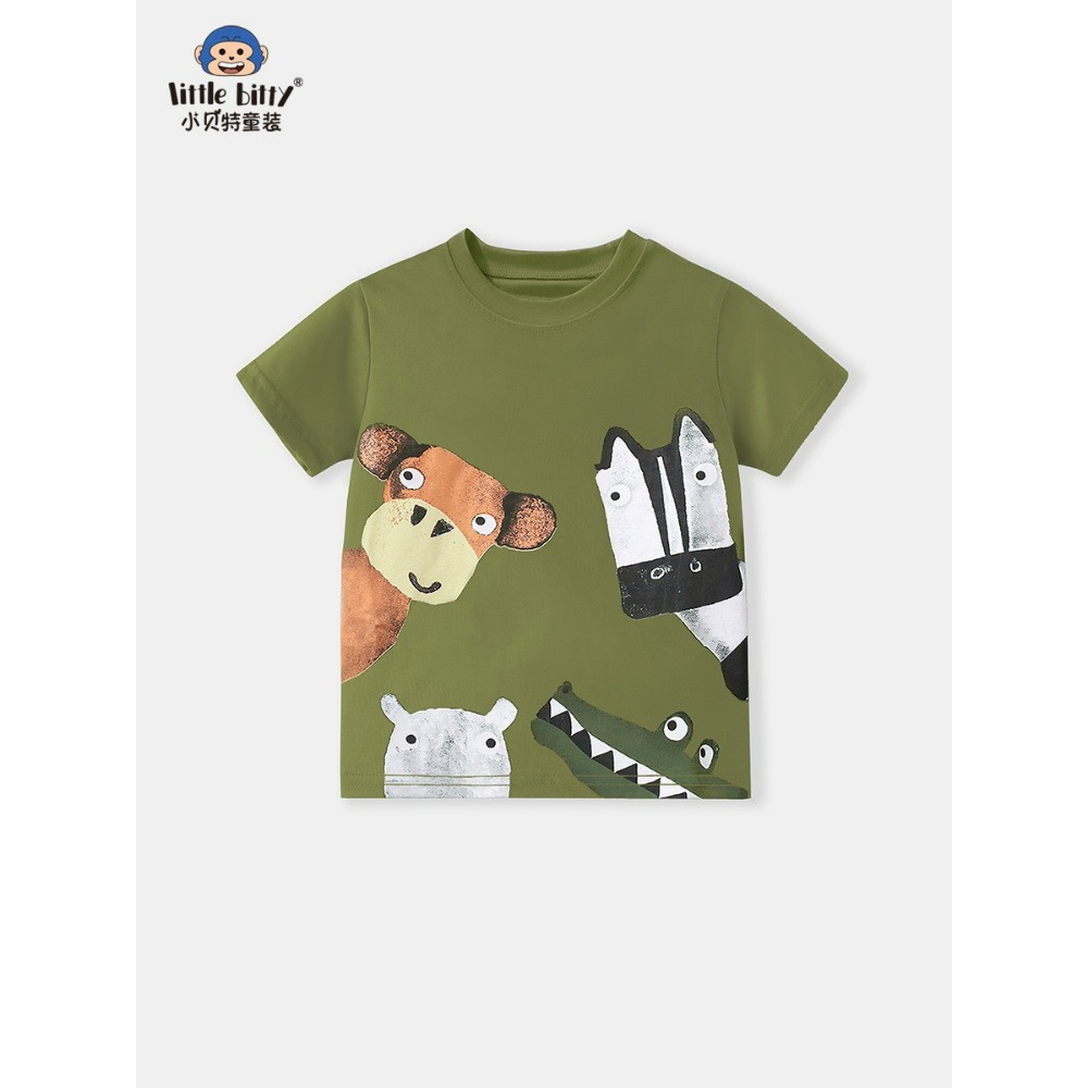 兒童夏季時尚歐美風短袖圓領T恤-卡通動物(軍綠)-規格圖5