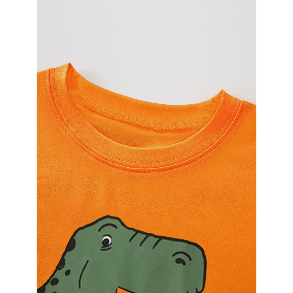 兒童夏季時尚歐美風短袖圓領T恤-卡通恐龍(橘)-細節圖3