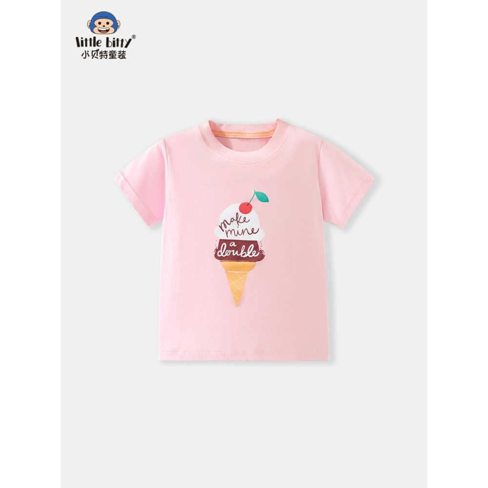 兒童夏季時尚歐美風短袖圓領T恤-卡通冰淇淋(粉)-細節圖2