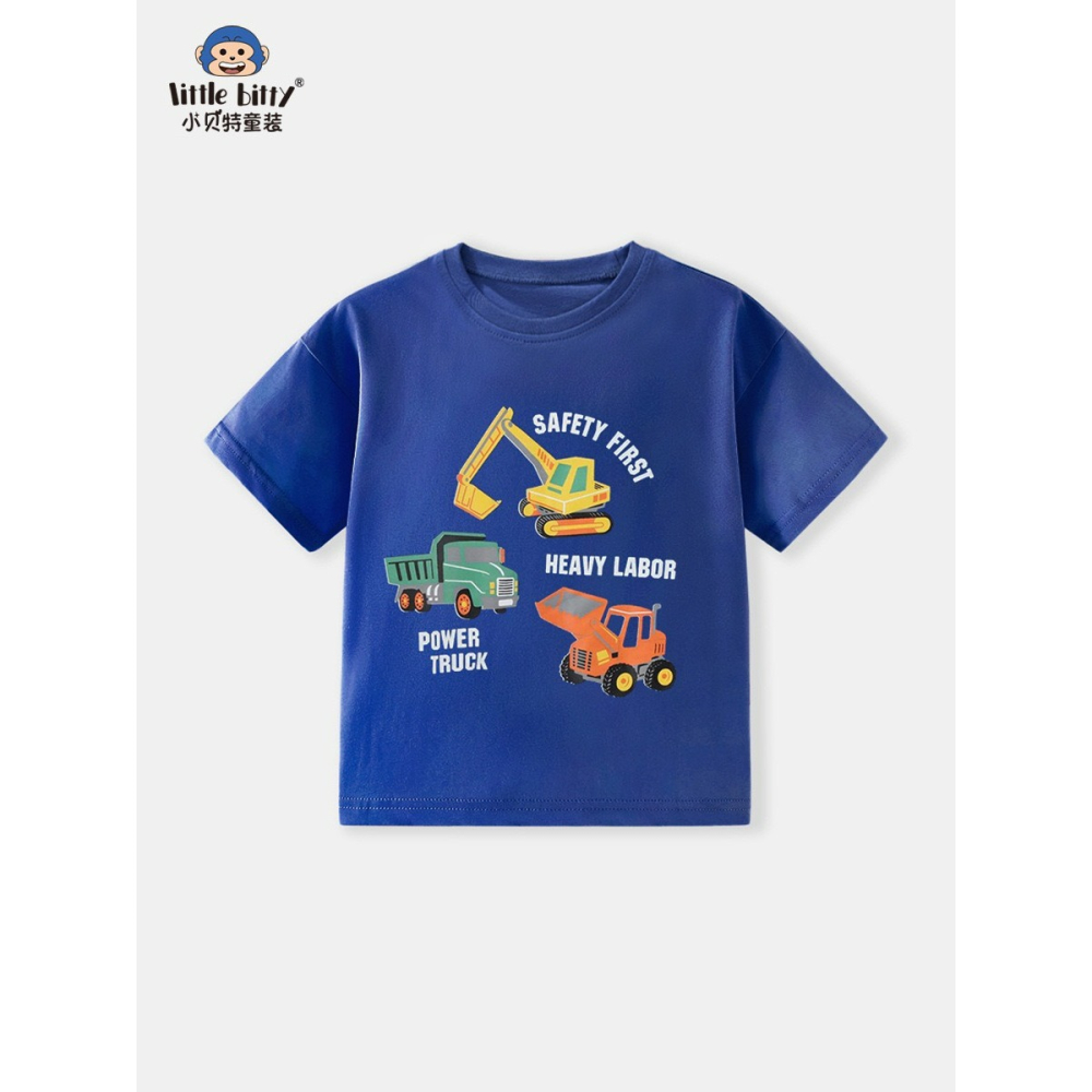 兒童夏季時尚歐美風短袖圓領T恤-卡通工程車(藍)-細節圖2