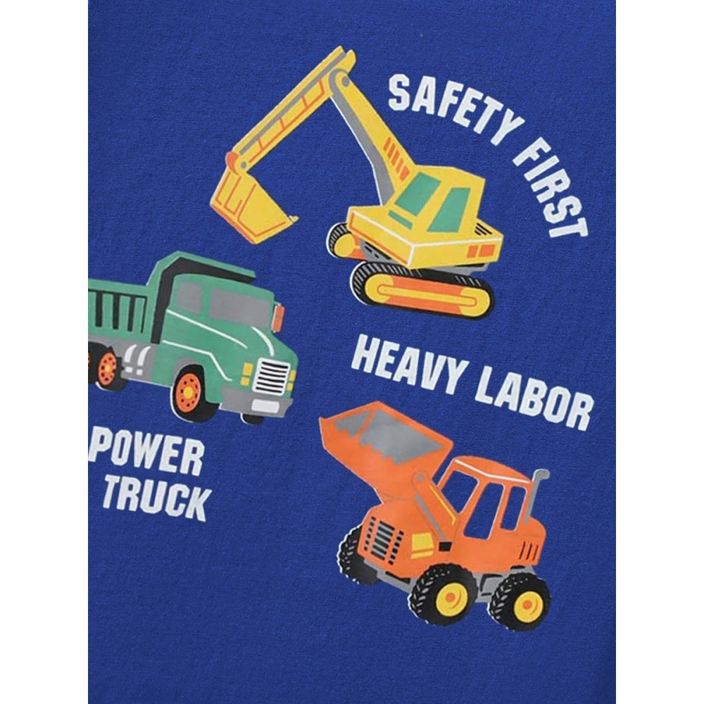 兒童夏季時尚歐美風短袖圓領T恤-卡通工程車(藍)-細節圖3