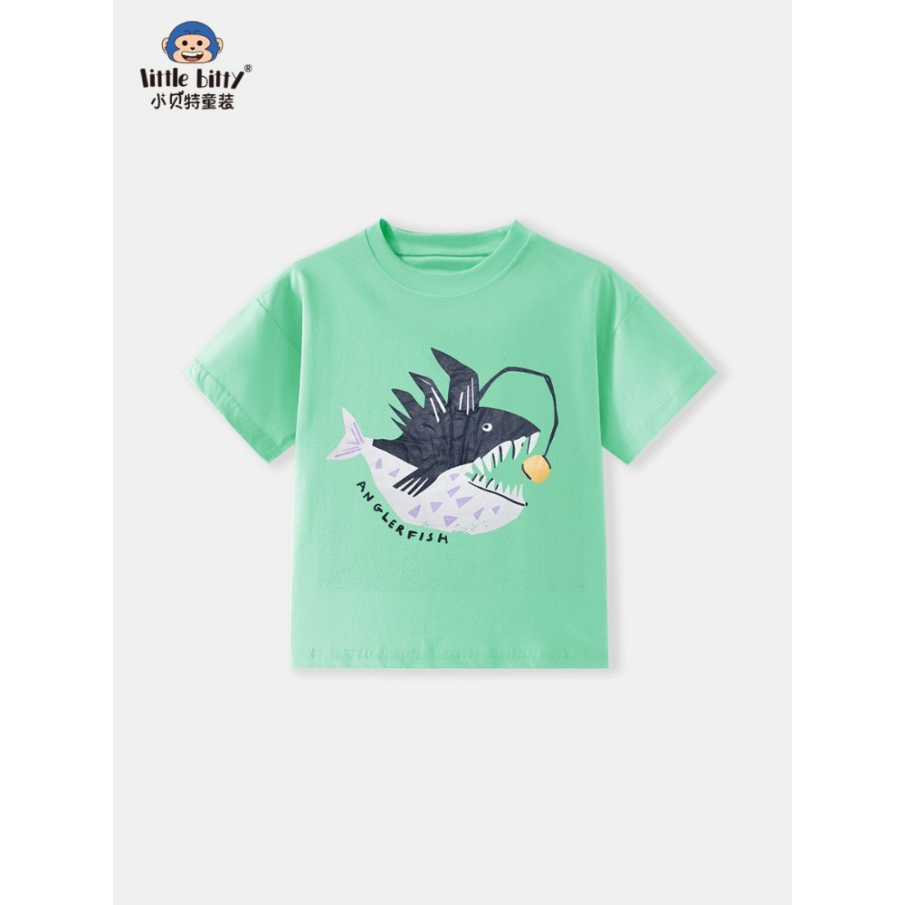 兒童夏季時尚歐美風短袖圓領T恤-卡通貪吃魚(綠)-規格圖5