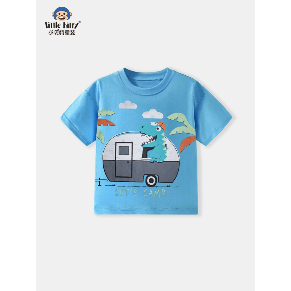 兒童夏季時尚歐美風短袖圓領T恤-卡通動物(水藍)-細節圖2