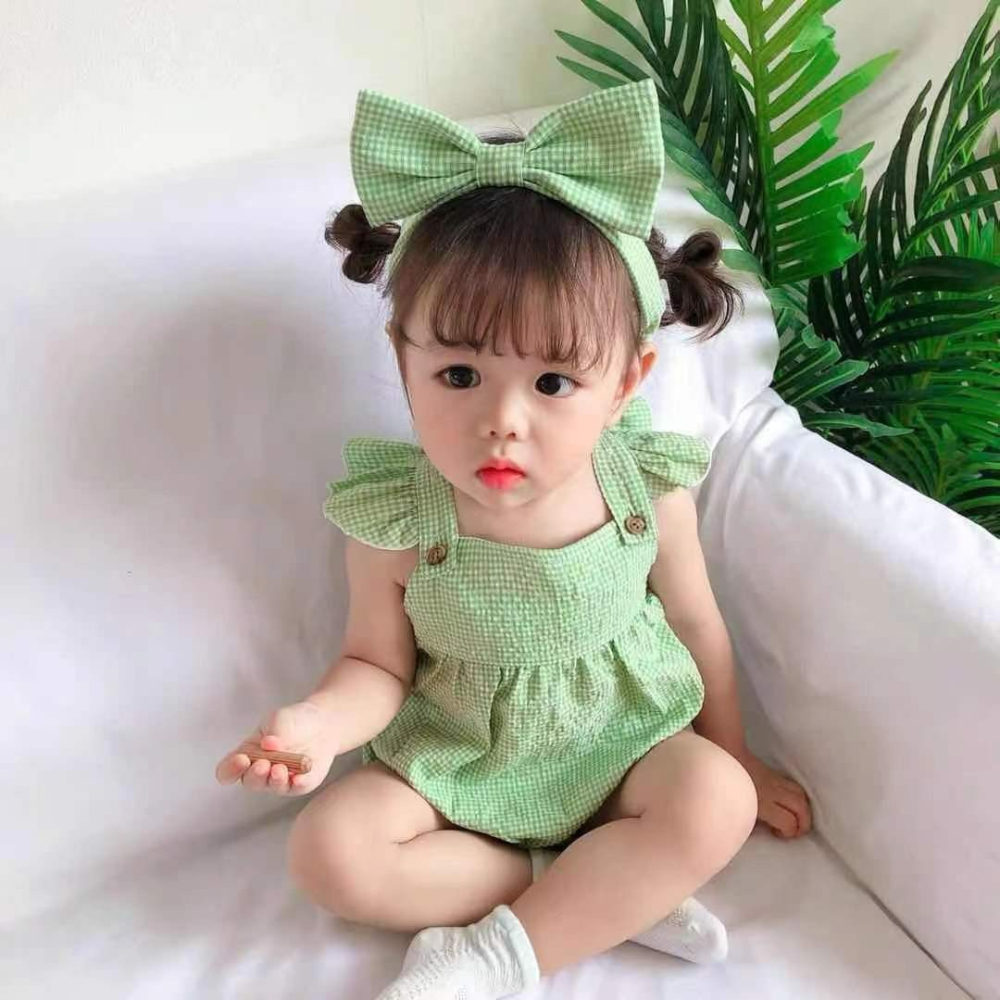 韓版寶寶格子飛袖包屁衣(送可愛髮帶)-細節圖2