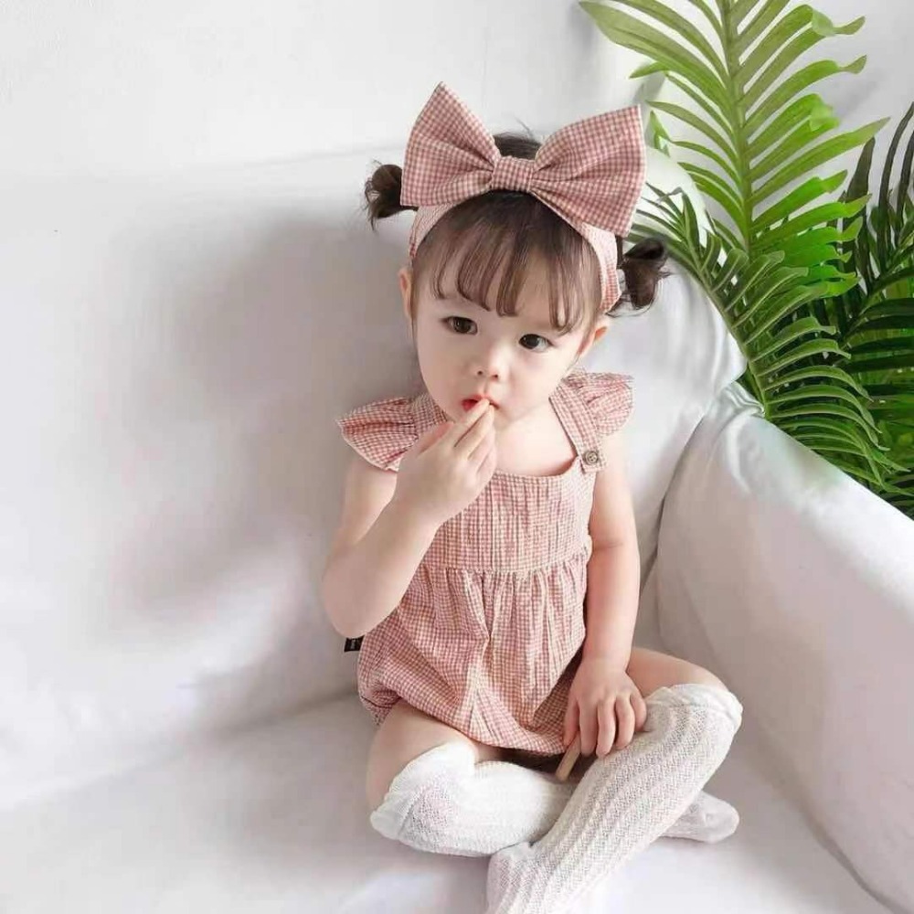 韓版寶寶格子飛袖包屁衣(送可愛髮帶)-規格圖5