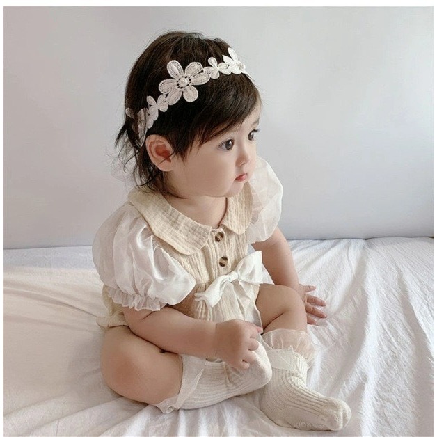 韓版寶寶夏季超仙女寶紗布透氣泡泡袖包屁衣(贈髮帶)-細節圖3