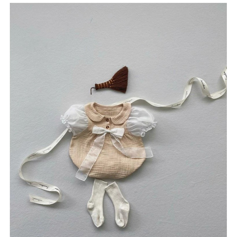 韓版寶寶夏季超仙女寶紗布透氣泡泡袖包屁衣(贈髮帶)-細節圖6