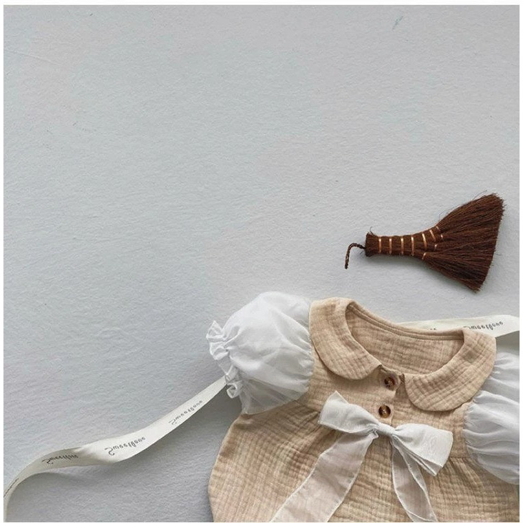 韓版寶寶夏季超仙女寶紗布透氣泡泡袖包屁衣(贈髮帶)-細節圖8