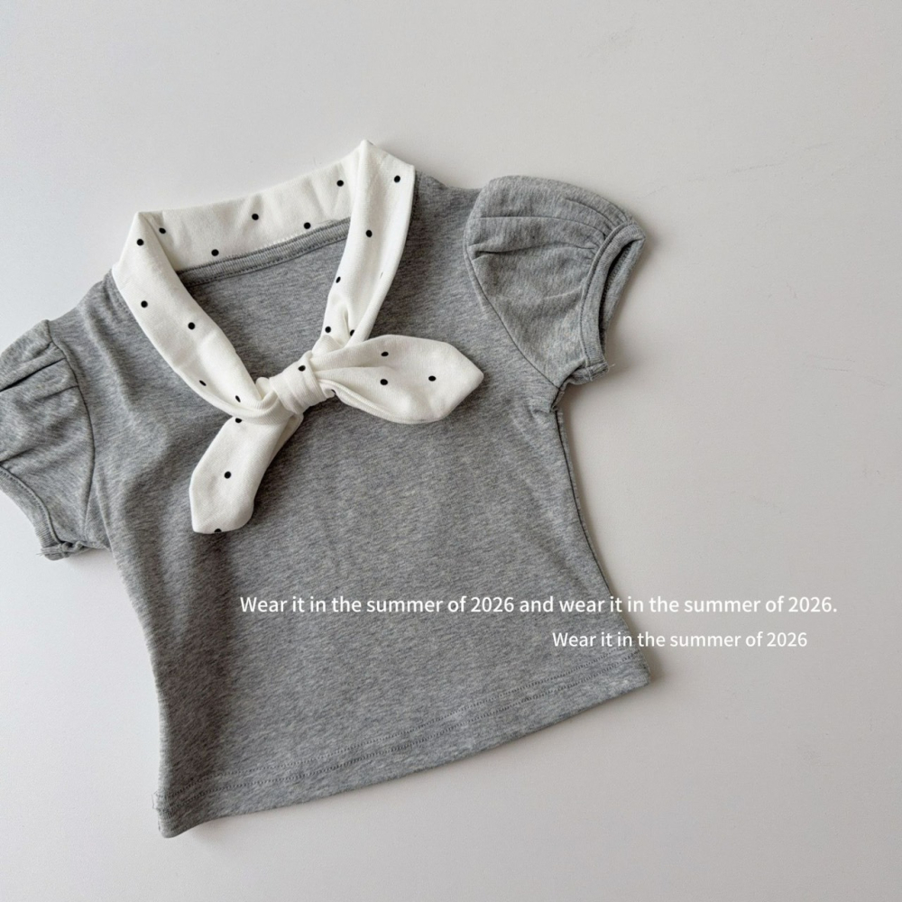 女中大童夏季波點領結裝飾短袖上衣-細節圖2