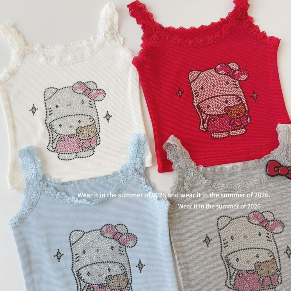 女中大童夏季卡通KT蕾絲邊背心-細節圖3