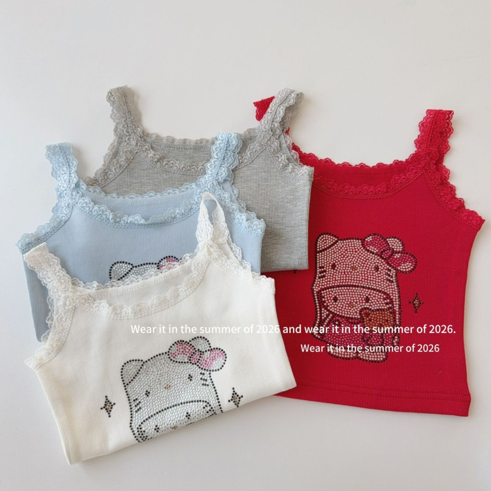 女中大童夏季卡通KT蕾絲邊背心-細節圖4