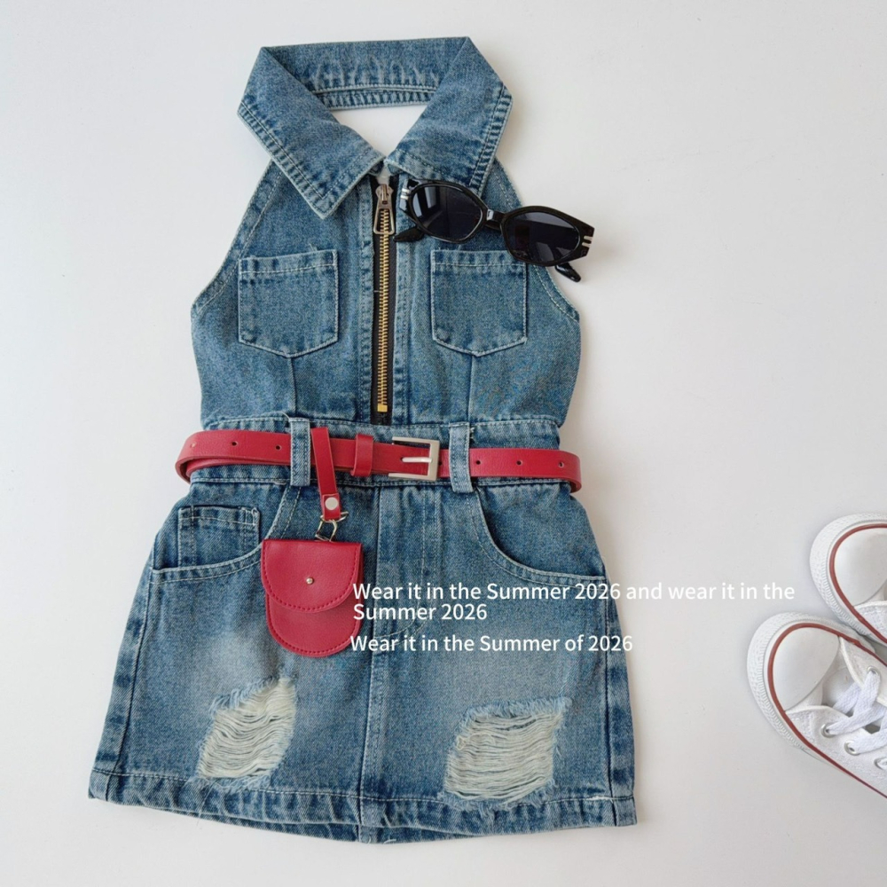 女中大童復古露背掛脖連衣裙(送包包皮帶)-細節圖2